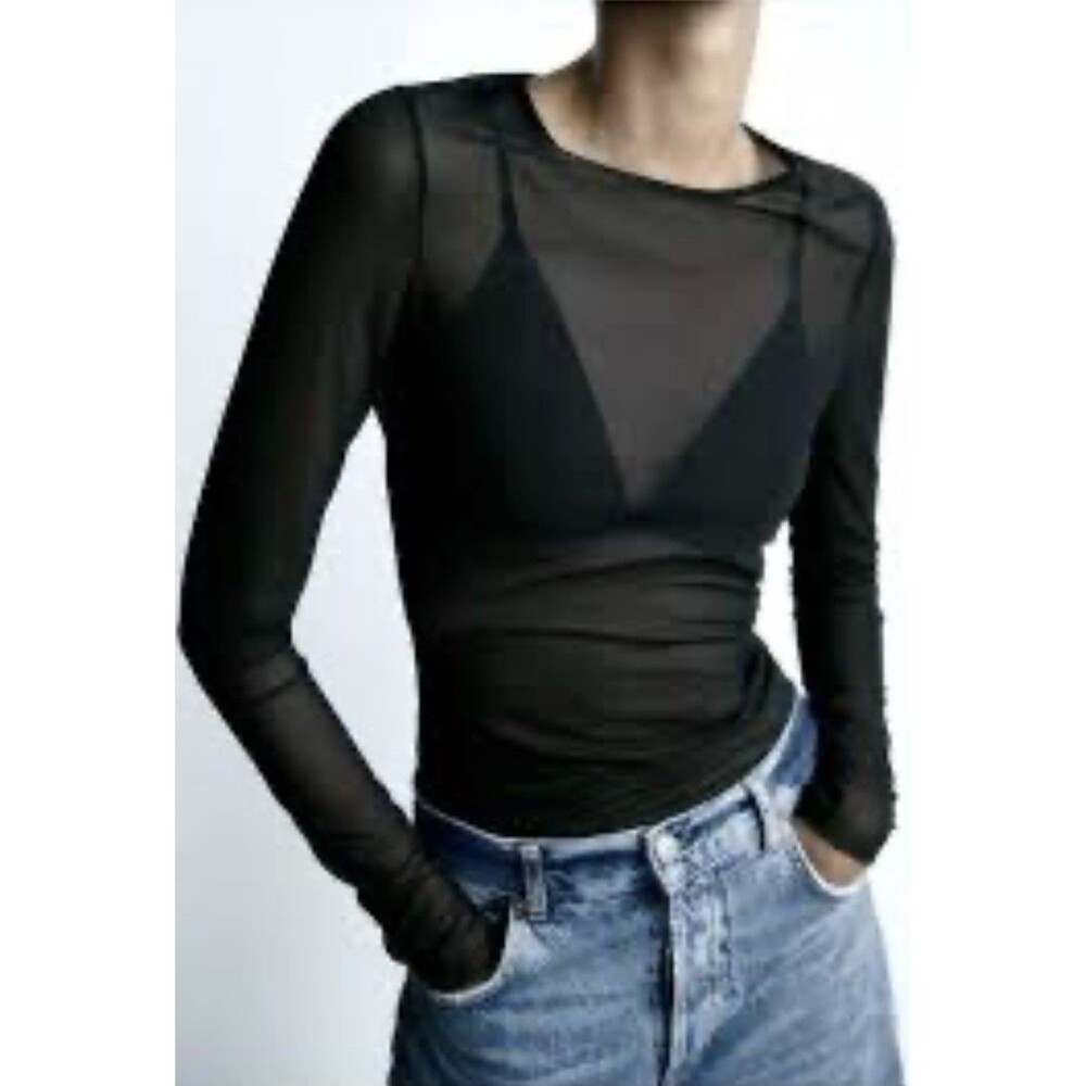 Zara Women’s Black Sheer Long Sleeve Top Tag Size L Fits S/M